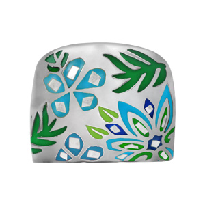 Bague Stella Mia en acier et nacre forme ovale avec motifs plantes bleu vert - Vue 1