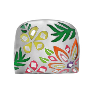 Bague Stella Mia en acier et nacre forme ovale avec motifs plantes orange, jaune, rose et vert - Vue 1