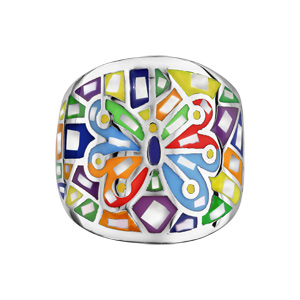 Bague Stella Mia en acier et nacre forme ovale avec papillon multicolore - Vue 1