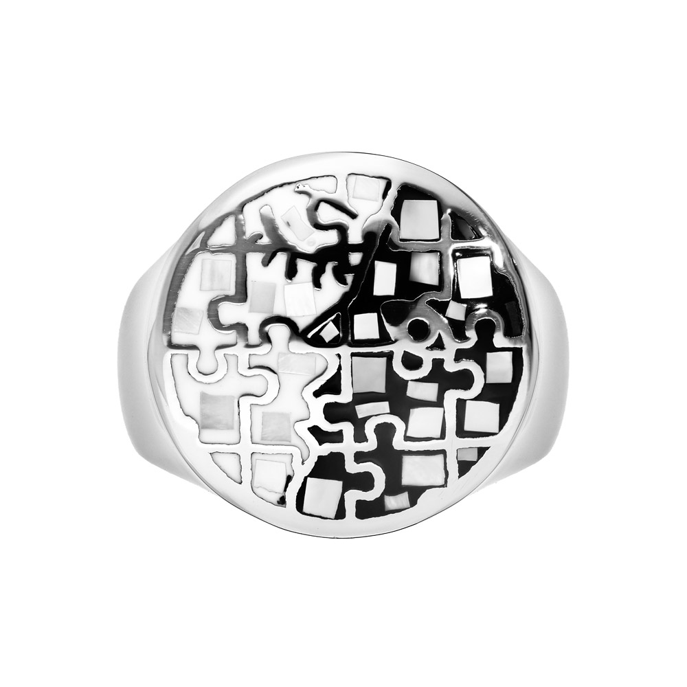 Bague Stella Mia en acier et nacre motifs noirs et blancs - Vue 1