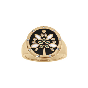 Bague Stella Mia en acier et PVD doré type chevalière plateau rond 18mm résine et nacre - Vue 1