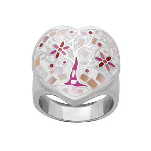 Bague Stella Mia en acier forme coeur motif arbre de vie avec nacre - Vue 1