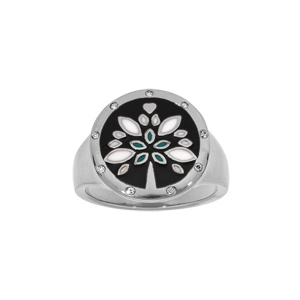 Bague Stella Mia en acier type chevalire plateau rond motif noir et nacre - Vue 1