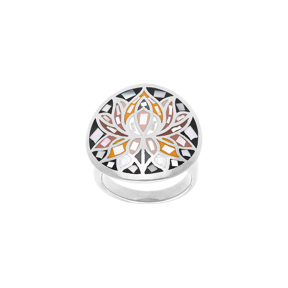 Bague Stella Mia ronde en acier motif fleur de lotus r�sine et nacre - Vue 1