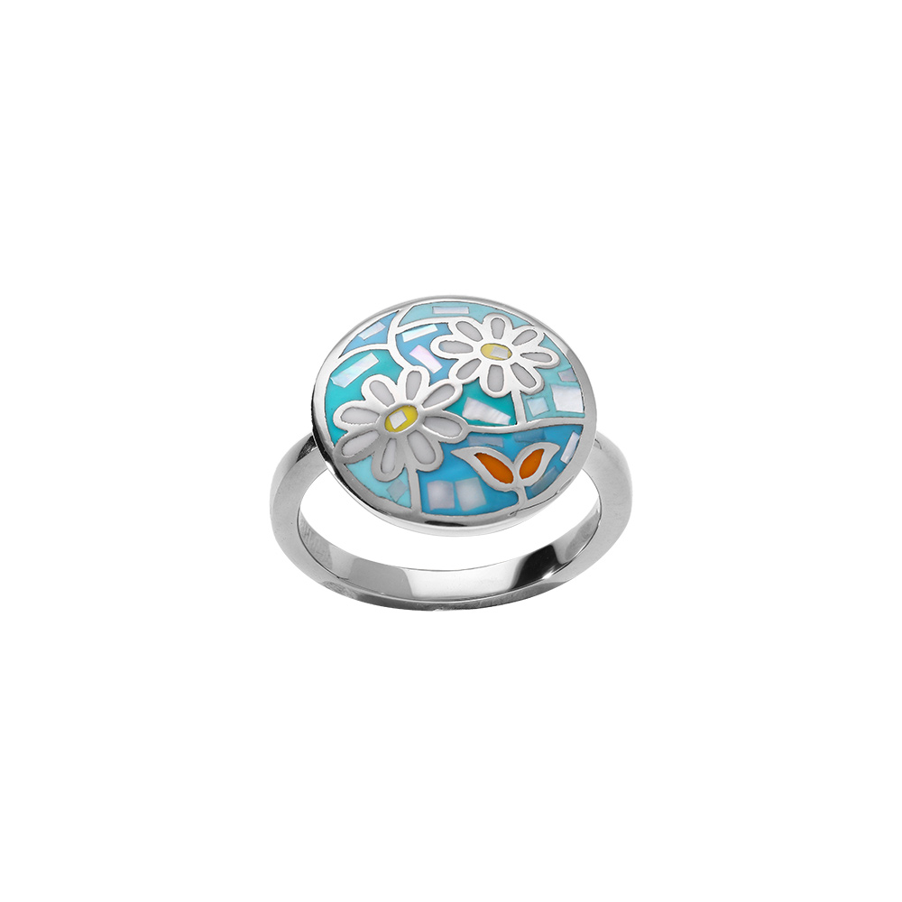 Bague Stella Mia ronde en acier rsine et nacre motif fleur - Vue 1