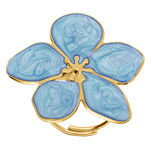Bague Stella Miia en acier dor� motif fleur avec p�tales nacr� bleu ciel  30mm