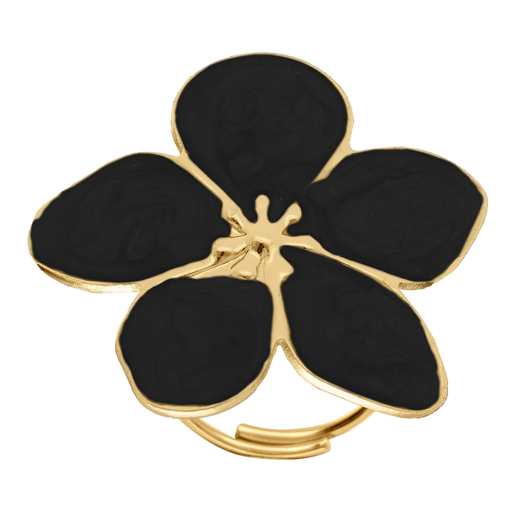 Bague Stella Miia en acier dor� motif fleur avec p�tales nacr� noir  30mm - Vue 1