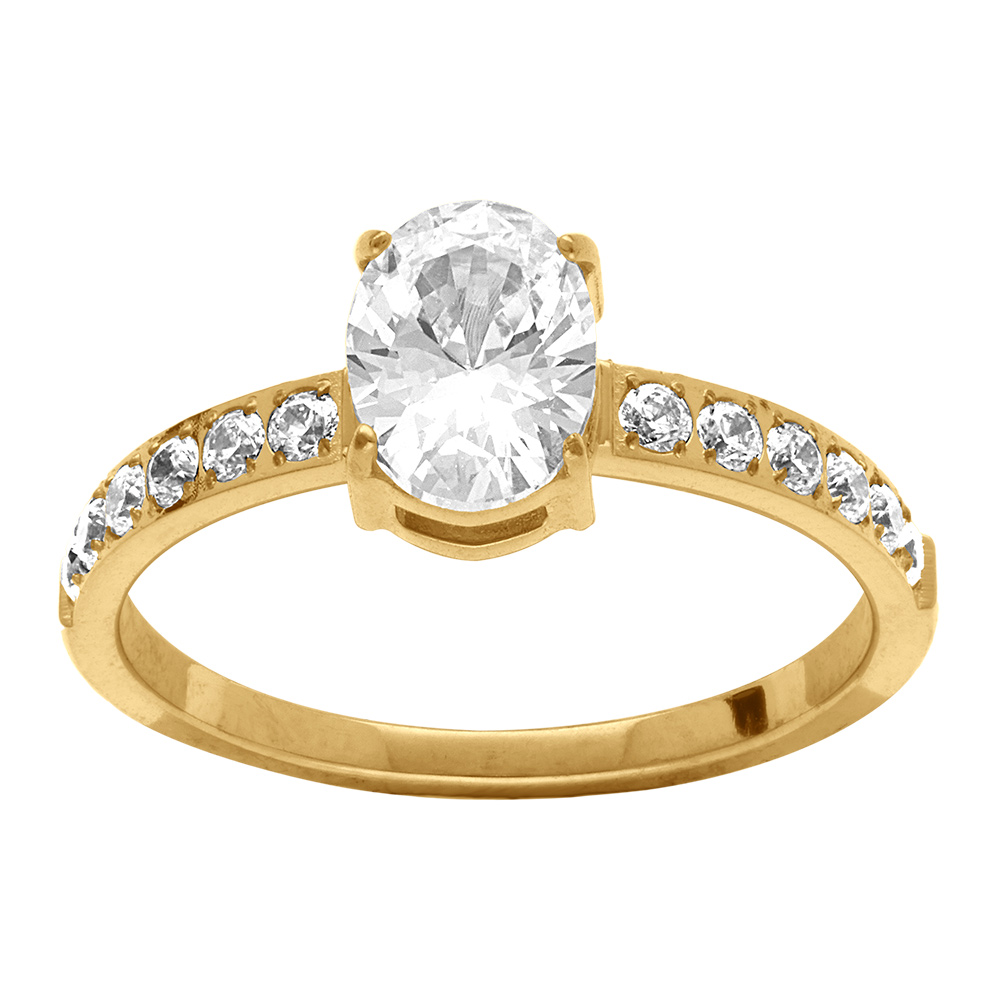 Bague style solitaire en acier dor� et oxydes blancs - Vue 1