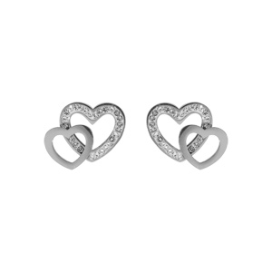 Boucles d\'oreille acier, double coeur strass - Vue 1