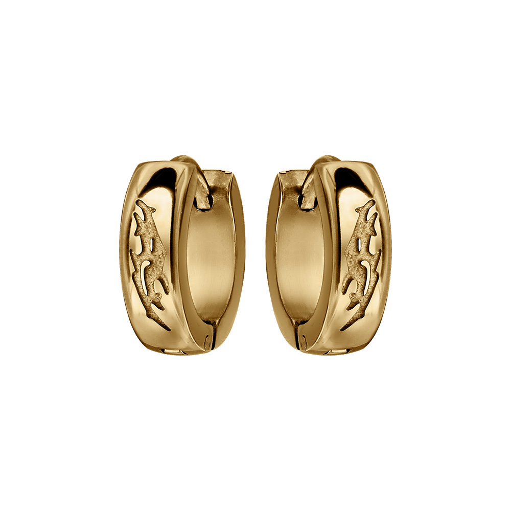 Boucles d\'oreille acier et PVD dor fond gris, dessin tribal gris - Vue 1