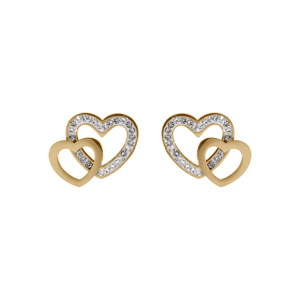 Boucles d\'oreille acier PVD dor, double coeur strass - Vue 1