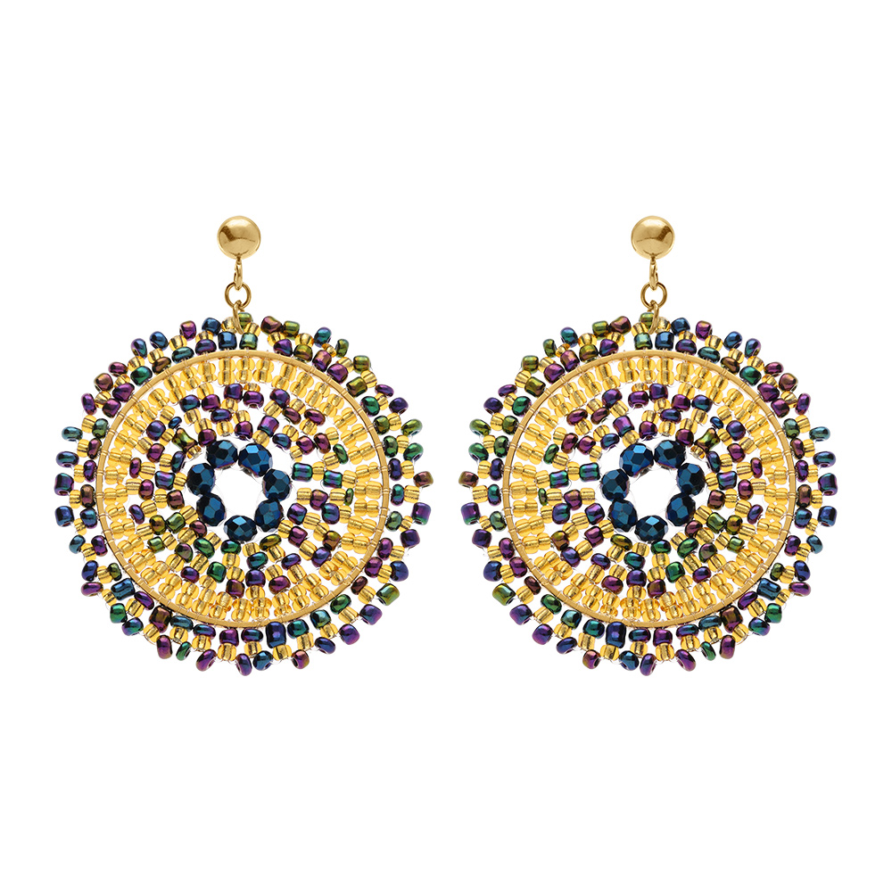 Boucles d\'oreille boh�me en  acier dor� de forme ronde perles bleues et dor�es - 45mm - Vue 1