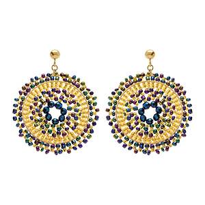 Boucles d'oreille boh�me en  acier dor� de forme ronde perles bleues et dor�es - 45mm