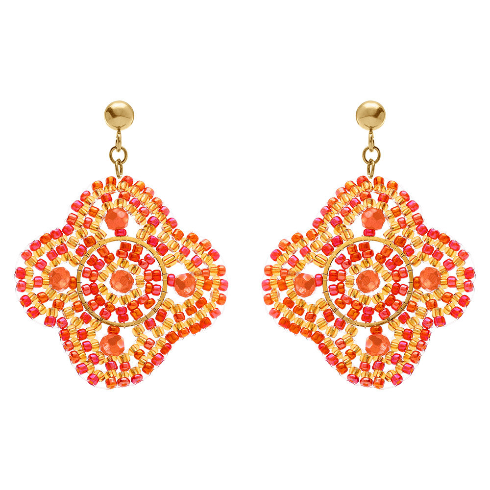 Boucles d\'oreille boh�me en acier dor� forme fleur couleur corail - Vue 1