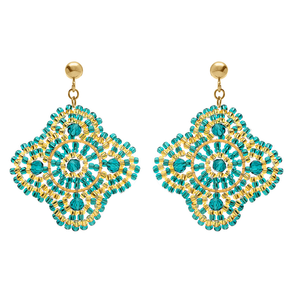 Boucles d\'oreille boh�me en acier dor� forme fleur couleur turquoise - Vue 1