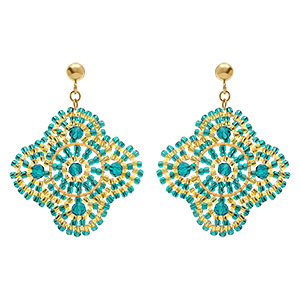 Boucles d'oreille boh�me en acier dor� forme fleur couleur turquoise