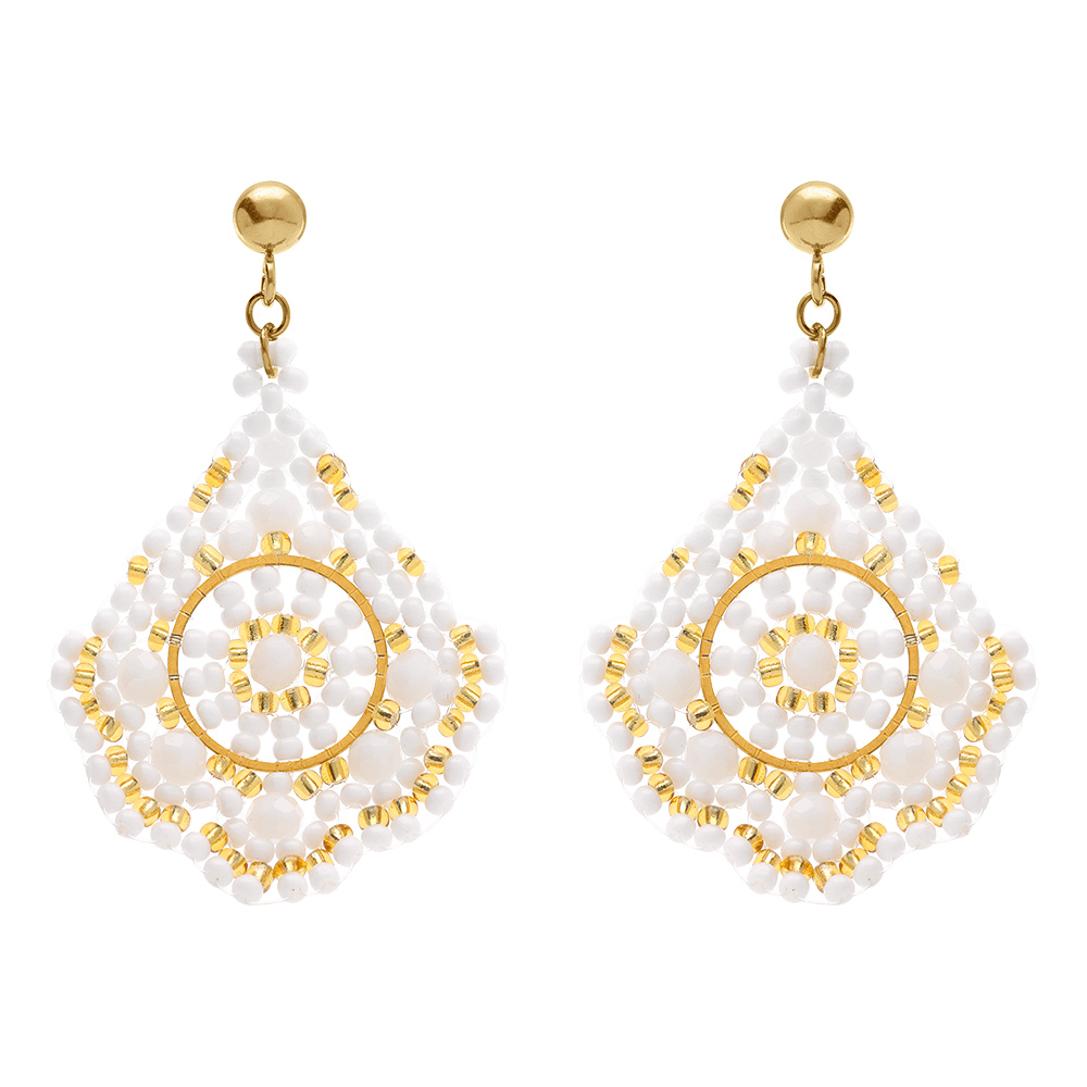 Boucles d\'oreille boh�me en acier dor� forme losange blanc - Vue 1