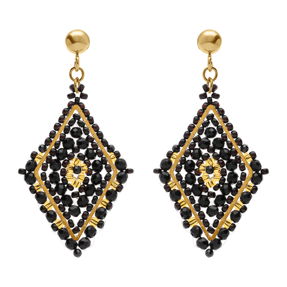 Boucles d\'oreille boh�me en acier dor� forme losange noir - Vue 1