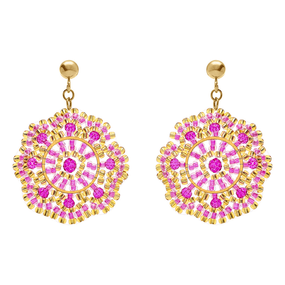 Boucles d\'oreille boh�me en acier dor� rond de couleur fushia - Vue 1