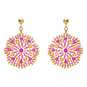 Boucles d'oreille boh�me en acier dor� rond de couleur fushia