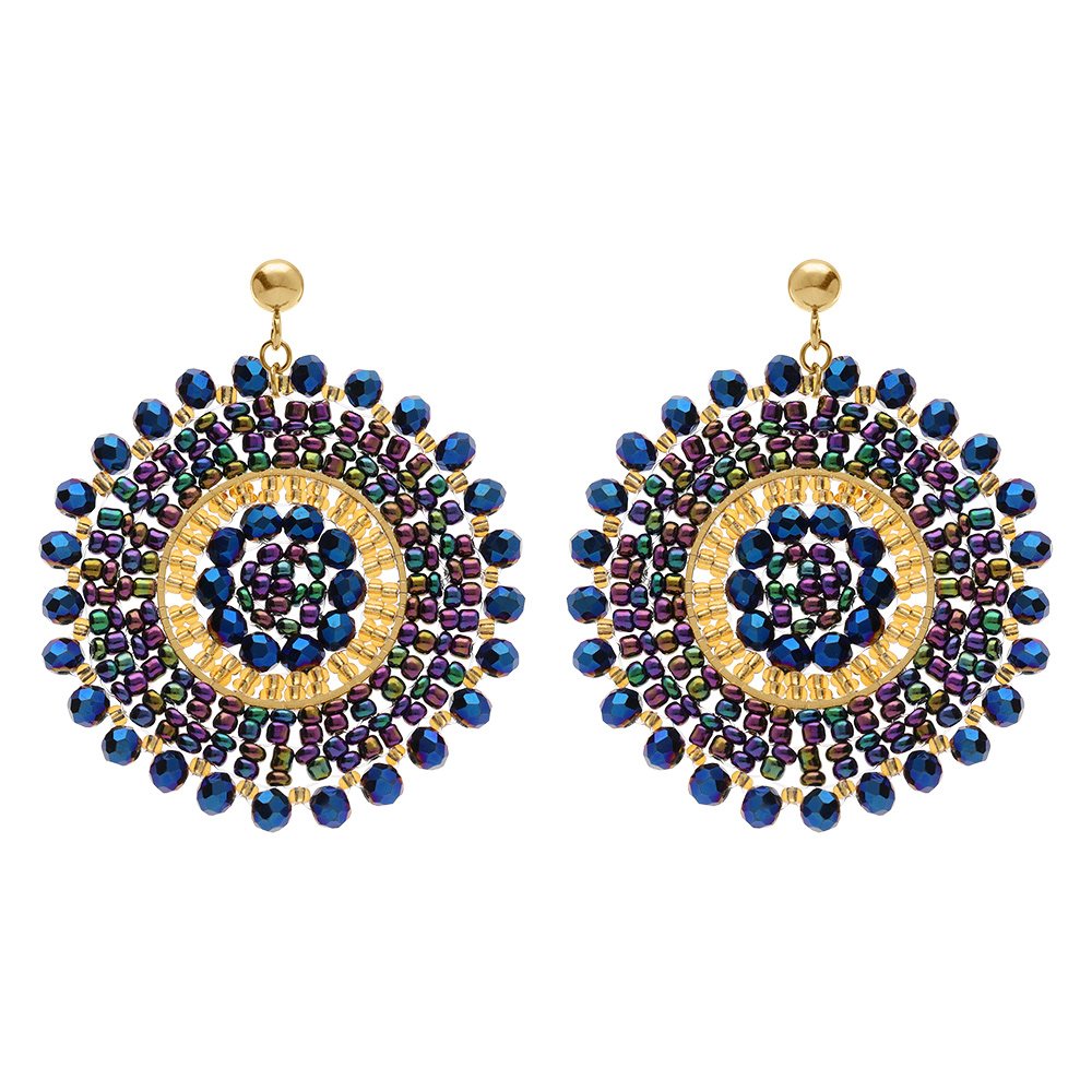 Boucles d\'oreille boh�me en acier dor� rond perles bleues et dor�es - 45mm - Vue 1