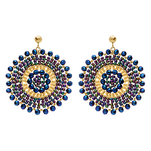 Boucles d'oreille boh�me en acier dor� rond perles bleues et dor�es - 45mm
