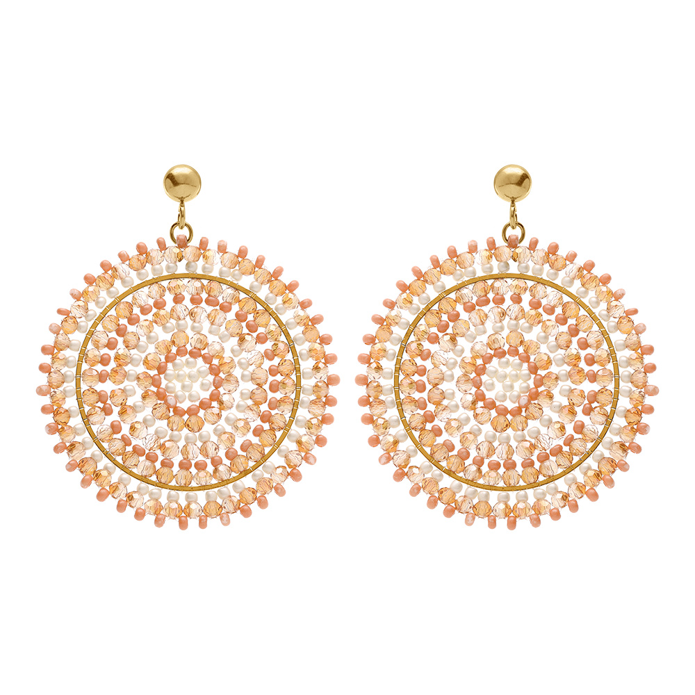 Boucles d\'oreille boh�me en  acier dor� rond perles roses et blanches - 45mm - Vue 1