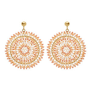 Boucles d'oreille boh�me en  acier dor� rond perles roses et blanches - 45mm
