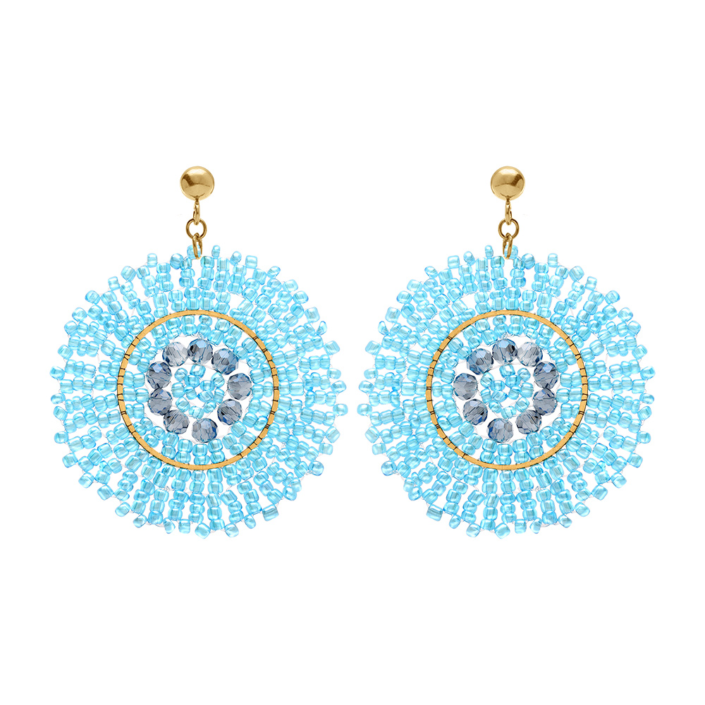 Boucles d\'oreille boh�me en acier dor� rond turquoise - 45mm - Vue 1