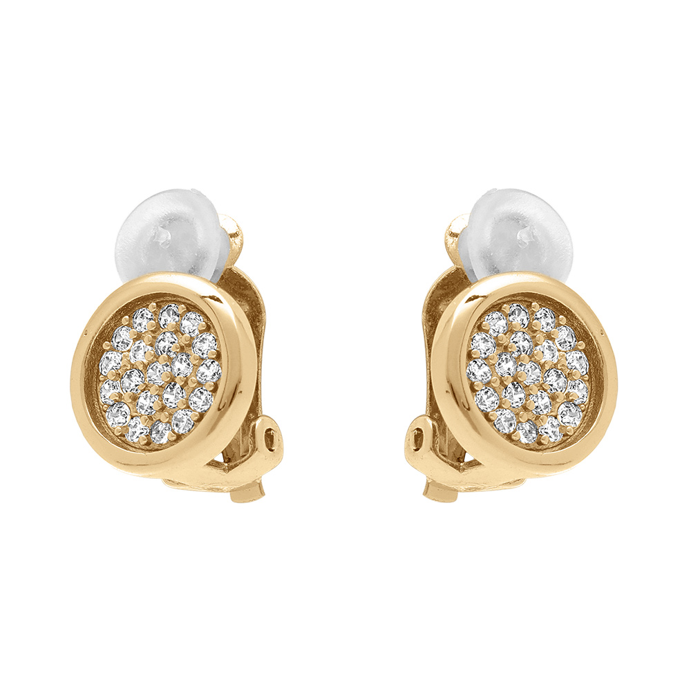 Boucles d\'oreille clip en laiton dor� rond pav� d\'oxydes blancs sertis - Vue 1