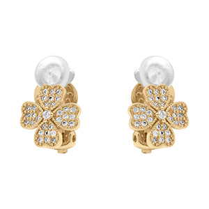 Boucles d'oreille clip en laiton dor� tr�fle a quatre feuilles par� d'oxydes blancs sertis