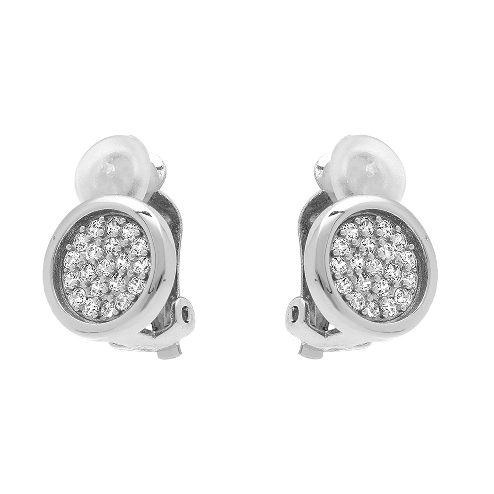 Boucles d\'oreille clip en laiton placage palladium rond pav� d\'oxydes blancs sertis - Vue 1