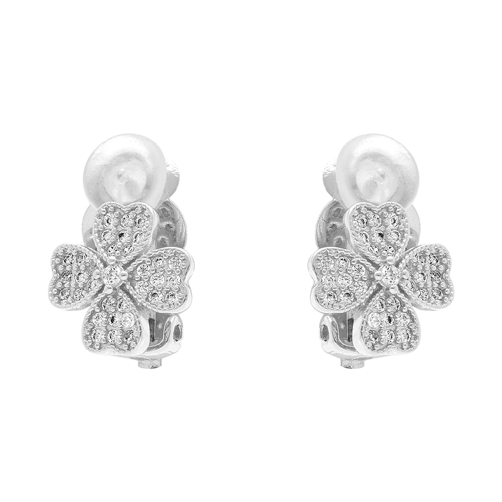 Boucles d\'oreille clip en laiton placage palladium tr�fle a quatre feuilles par� d\'oxydes blancs sertis - Vue 1