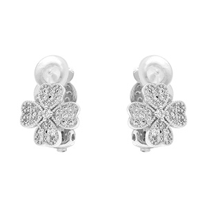 Boucles d'oreille clip en laiton placage palladium tr�fle a quatre feuilles par� d'oxydes blancs sertis
