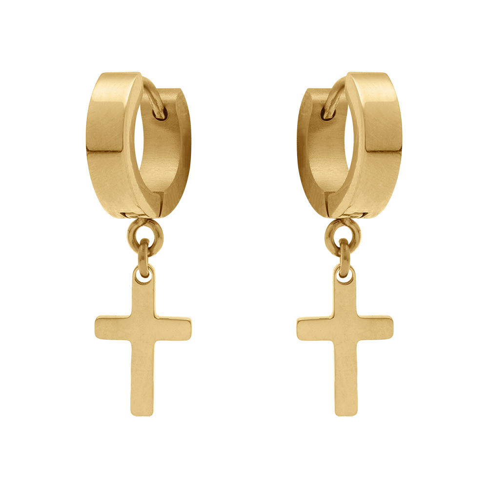 Boucles d\'oreille cr�ole acier et PVD dor� avec croix suspendue - Vue 1