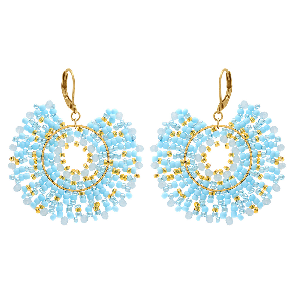 Boucles d\'oreille cr�oles boh�me en acier dor� perles bleu ciel et dor�es - Vue 1