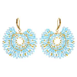 Boucles d'oreille cr�oles boh�me en acier dor� perles bleu ciel et dor�es