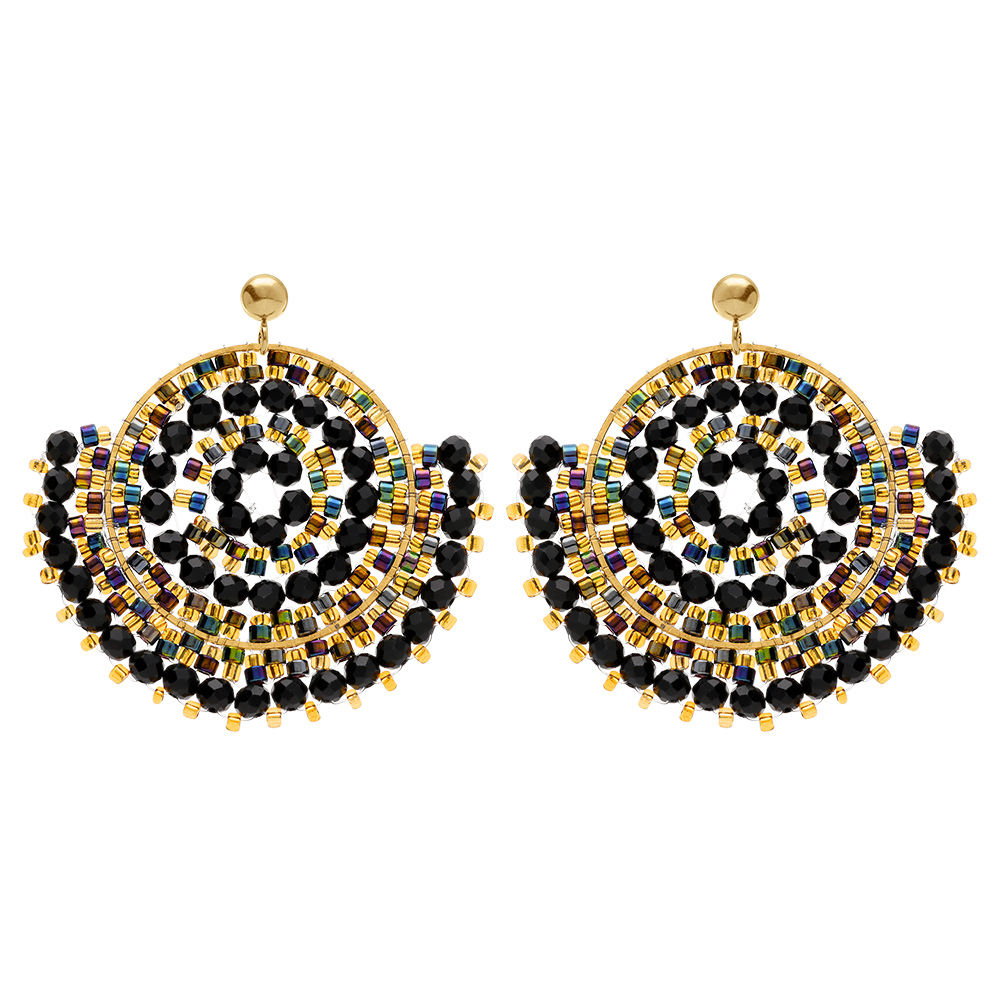 Boucles d\'oreille cr�oles boh�me en acier dor� perles noires et dor�es - Vue 1