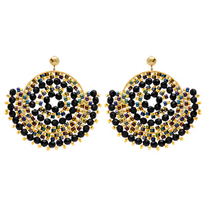 Boucles d'oreille cr�oles boh�me en acier dor� perles noires et dor�es