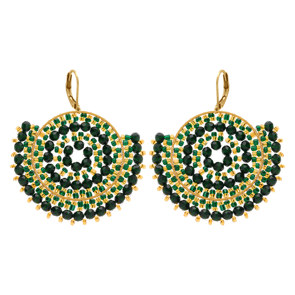 Boucles d\'oreille cr�oles boh�me en acier  dor� perles vertes et dor�es - dormeuse - Vue 1