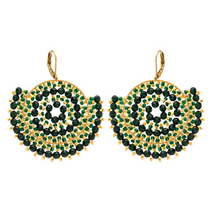 Boucles d'oreille cr�oles boh�me en acier  dor� perles vertes et dor�es - dormeuse