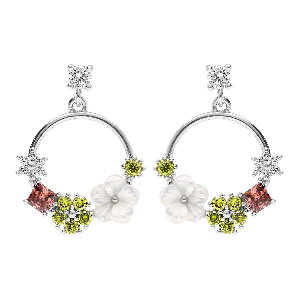 Boucles d\'oreille cr�oles tige en argent rhodi� avec fleurs d\'oxydes color�s et sa fleur de nacre - Vue 1