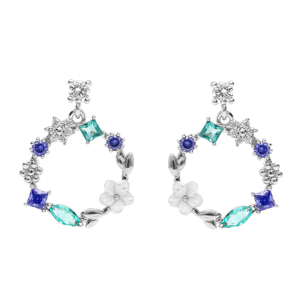 Boucles d\'oreille cr�oles tige en argent rhodi� avec fleurs et oxydes nuance bleu et sa fleur de nacre - Vue 1