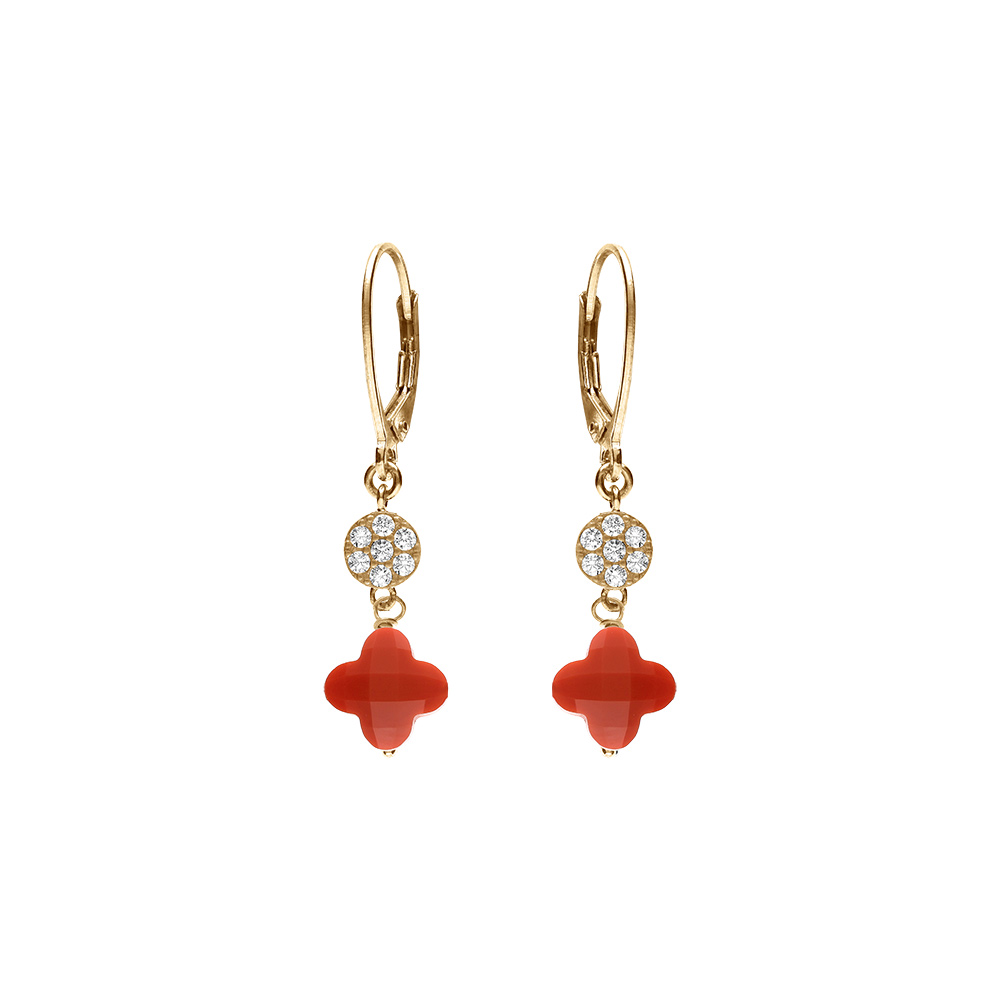 Boucles d\'oreille crochet en argent dor� tr�fle en verre corail et fleurs oxydes blancs - Vue 1