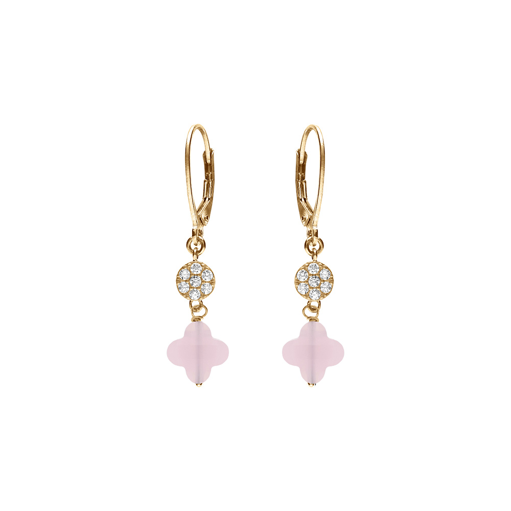 Boucles d\'oreille crochet en argent dor� tr�fle en verre rose et fleurs oxydes blancs - Vue 1