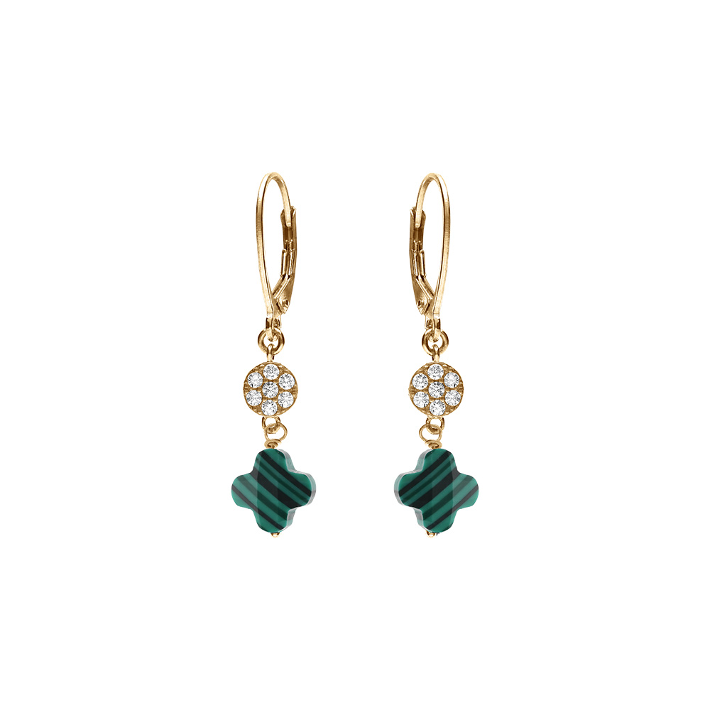 Boucles d\'oreille crochet en  argent dor� tr�fle en verre vert malachite imitation et fleurs oxydes blancs - Vue 1