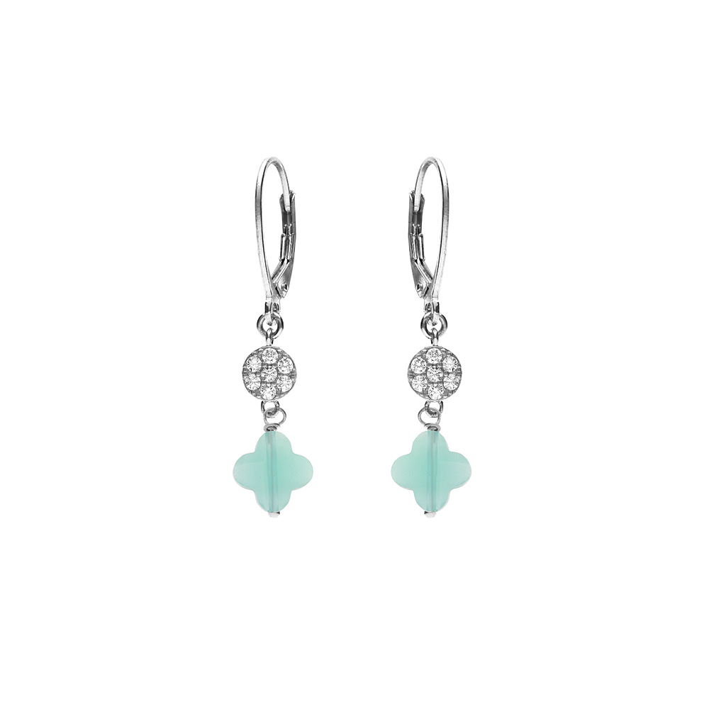 Boucles d\'oreille crochet en argent rhodi� tr�fle en verre bleu glacial et fleurs oxydes blancs - Vue 1