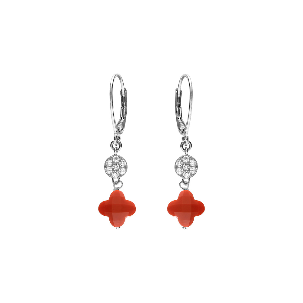 Boucles d\'oreille crochet en argent rhodi� tr�fle en verre corail et fleurs oxydes blancs - Vue 1