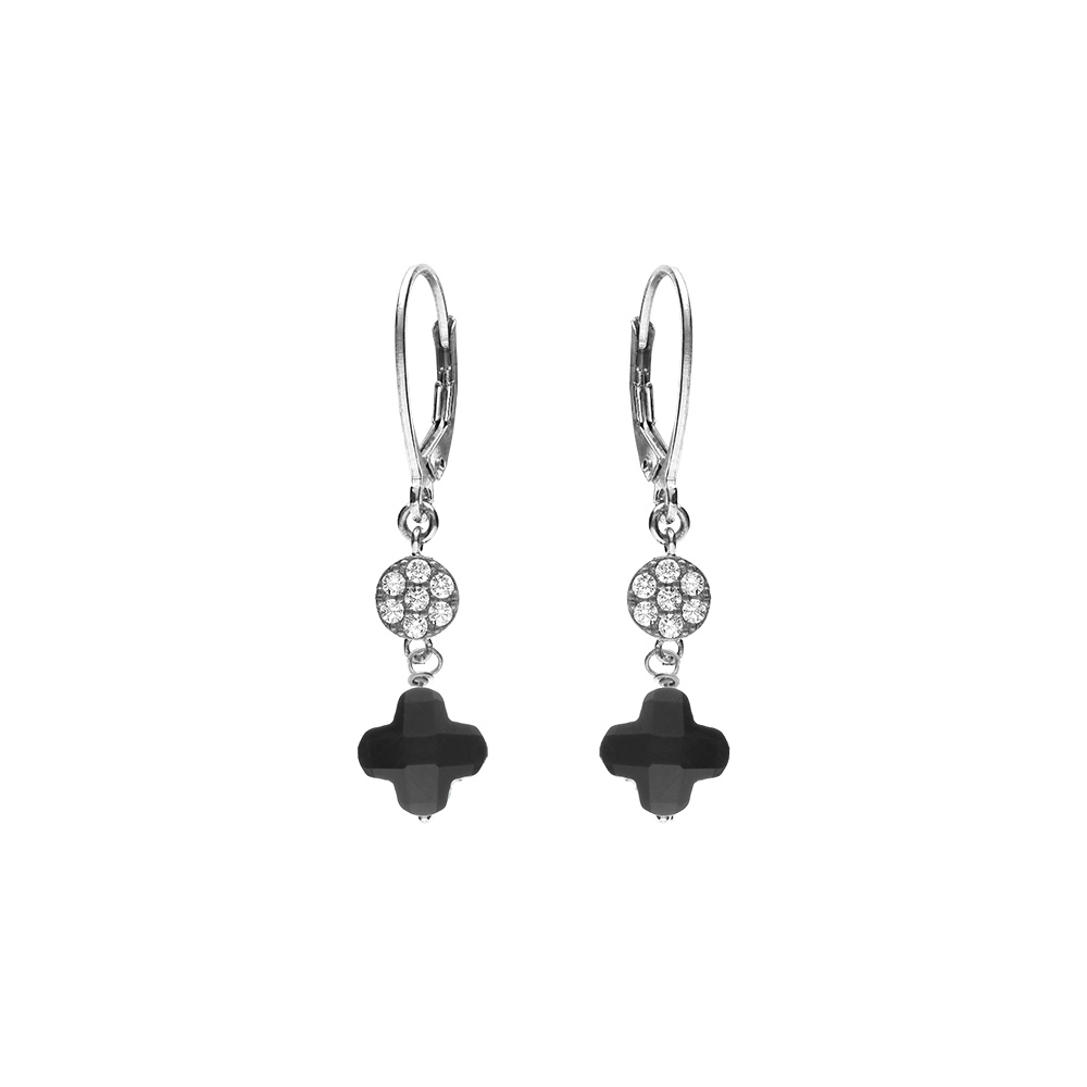Boucles d\'oreille crochet en argent rhodi� tr�fle en verre noir et fleurs oxydes blancs - Vue 1