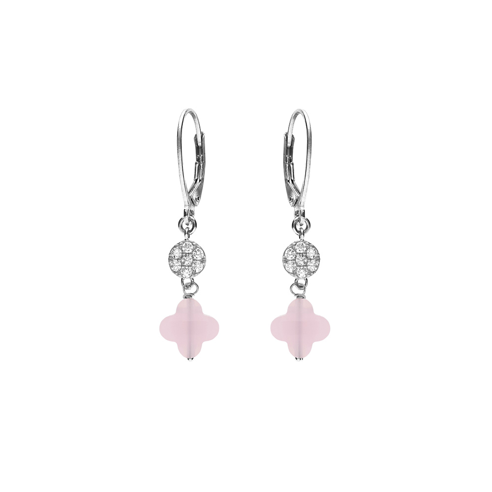 Boucles d\'oreille crochet en argent rhodi� tr�fle en verre rose et fleurs oxydes blancs - Vue 1